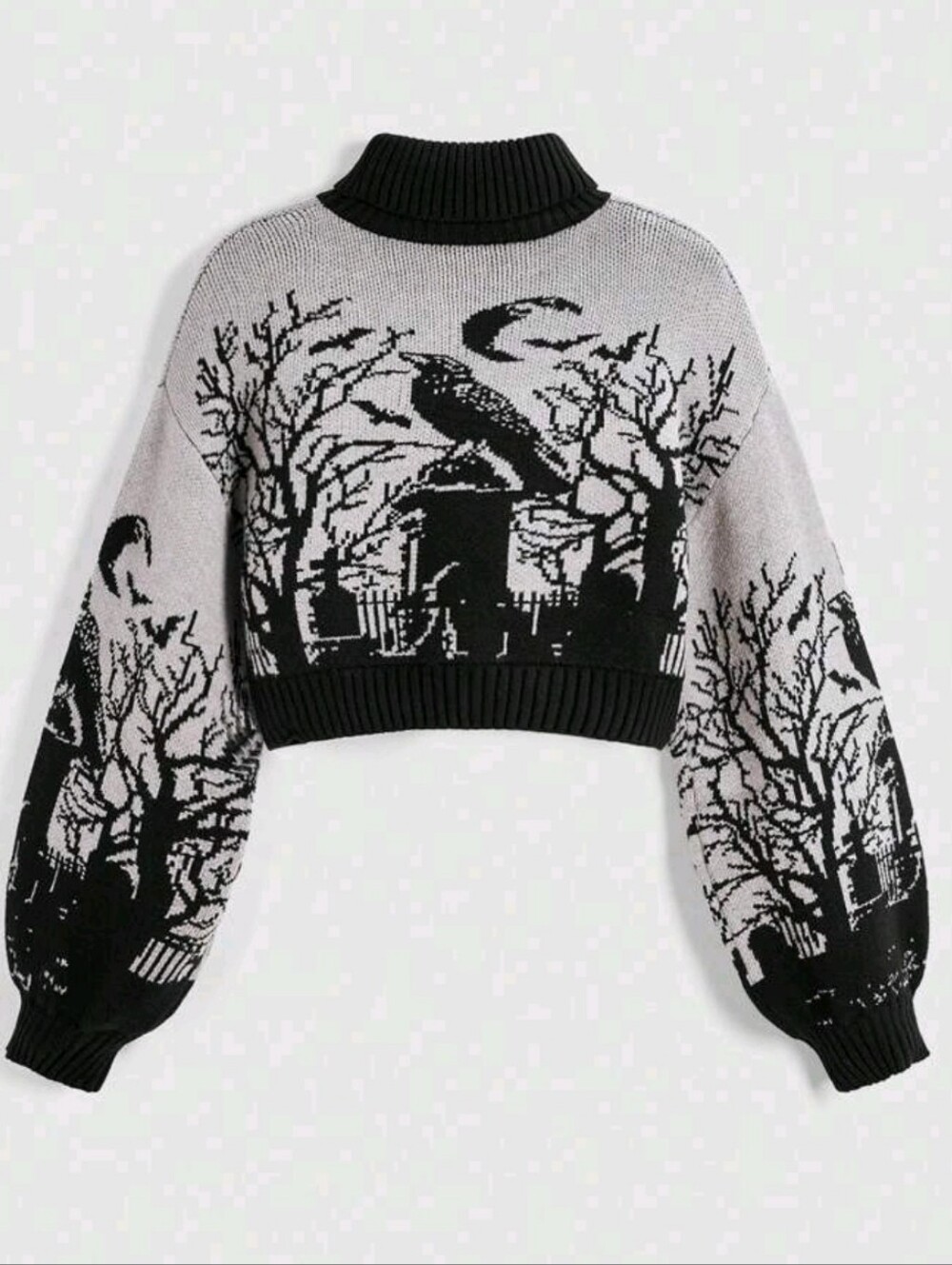 Black & Gray Cropped Raven Tree Knit Sweater